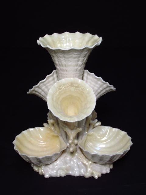 RARE BELLEEK IRISH PORCELAIN EPERGNE W/ BLACK MARK: Unique Belleek Irish porcelain marine-themed shell form epergne. Marked on base with black Third Mark, 1926 - 1946. Condition: professional restorations to two of the lower shell bowls, see images. Me