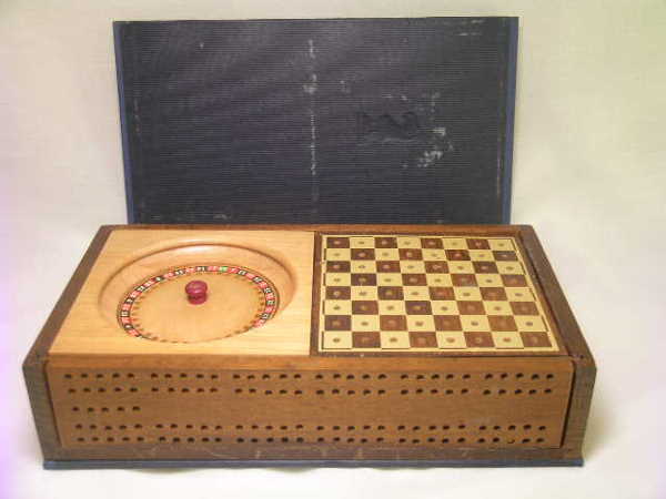 OLD DRUEKE PLAY WAY MULTI GAME BOARD CASE: Lot: 232: OLD DRUEKE PLAY WAY MULTI GAME BOARD CASE - Multiple games to include cribbage, chess, checkers, cards, rummy, roulette, backgammon etc. All pieces seem to be intact. Overall measurement