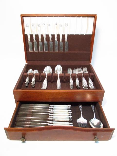 DUHME & CO STERLING SILVER FLATWARE SET "NO. 3 1885": Duhme & Company sterling silver flatware set in the "No. 3 1885" floral pattern. Each piece engraved on underside "Flesh" (knives not engraved). Includes (11) 7.75" forks, (12) 6.8" forks, (12) 8.5" s