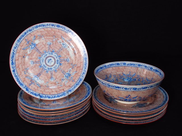 JAPANESE BLUE AND RED DECORATED DINNERWARE (1 of 8)