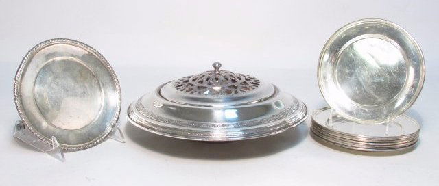 STERLING SILVER CENTER BOWL & BREAD PLATES: 33.9 TROY (1 of 8)