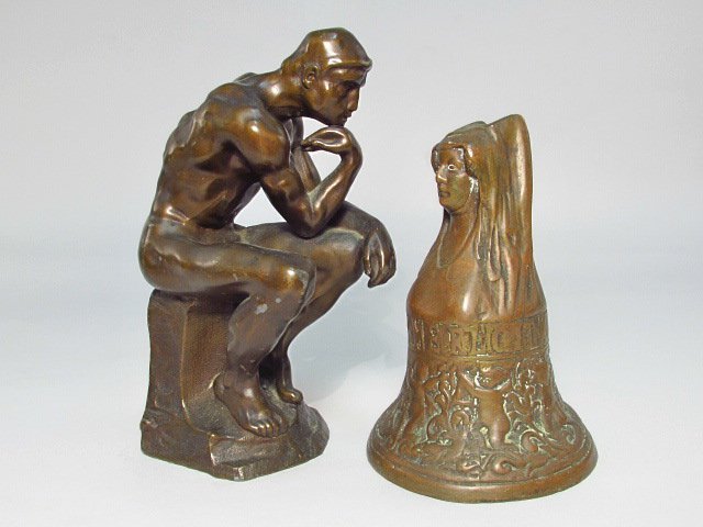 BRONZE HEMONY BELL & "THE THINKER" AFTER RODIN (1 of 6)