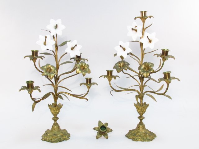 PAIR 19TH C FRENCH GILT BRASS & MILK GLASS CANDELABRA (1 of 10)