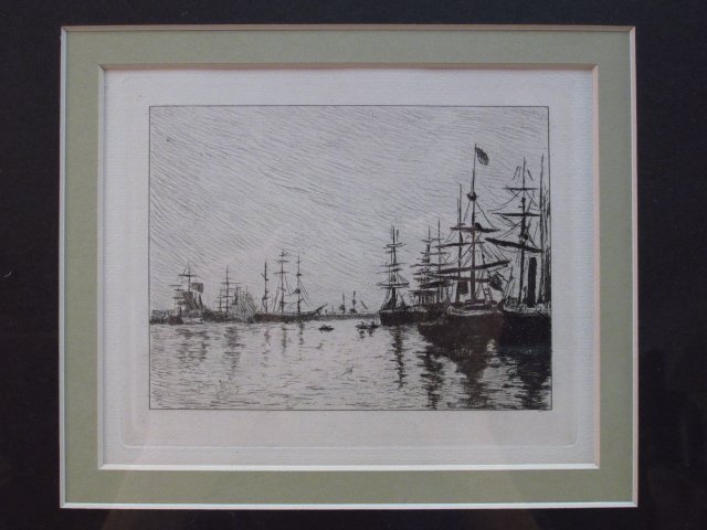 ORIGINAL EUGENE BOUDIN ETCHING: "LE PORT DE TROUVILLE": Original 19th century Eugene Boudin etching titled "Le Port de Trouville". Framed and matted in a small black metallic finished frame. Certificate of authenticity affixed verso. Condition: good, see i
