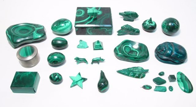 COLLECTION OF ASSORTED CARVED MALACHITE: BOXES, ETC. (1 of 9)