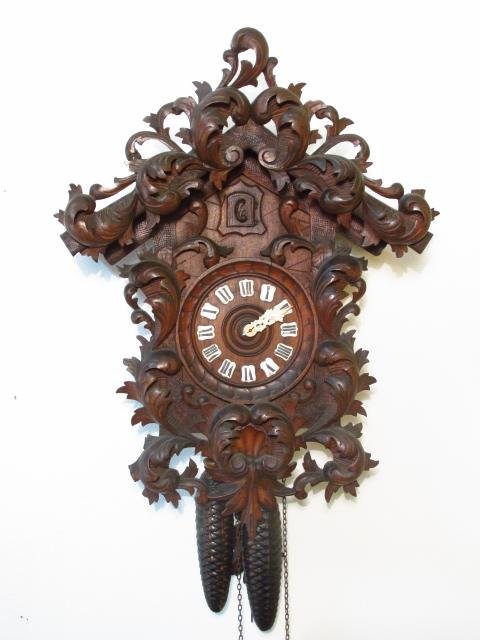 GERMAN BLACK FOREST CARVED WALNUT CUCKOO CLOCK (1 of 8)