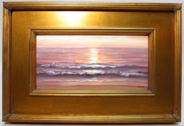 DARLENE PEARSE OIL ON PANEL SUNSET SEASCAPE PAINTING: An oil on panel painting of a sunset seascape scene, signed lower right "Pearse". Framed in a nice gilded frame. Condition: good, see images. Measures a total of 12" tall x 18" wide. Weight: 2.4 lbs.