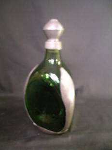 DENMARK ART DECO GREEN GLASS PEWTER DECANTER: Lot 2: DENMARK ART DECO GREEN GLASS PEWTER DECANTER - Measures 10" tall x 5" wide. Mark on pewter. No chips or cracks.