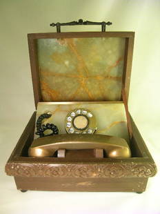 OLD ROTARY ITT TELEPHONE ALABASTER & WOOD BOX: Lot 6: OLD ROTARY ITT TELEPHONE ALABASTER & WOOD BOX - Alabaster top on box top and around rotary dial. Box measures 11" wide x 8 1/2" deep x 5" high. Scratches, nicks to finish.