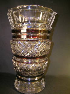 VAL ST LAMBERT AMETHYST CLEAR CRYSTAL VASE LARGE: Lot 23: VAL ST LAMBERT AMETHYST CLEAR CRYSTAL VASE LARGE - Measures 13 1/2" tall x 9" wide. Slight scratches on bottom. No chips or cracks. Signed.