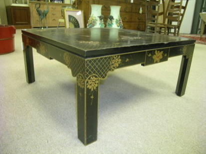 BLACK CHINOISERIE COCKTAIL TABLE 20TH CENTURY: Lot 51: BLACK CHINOISERIE COCKTAIL TABLE 20TH CENTURY - Measures 34" square x 16" high. Some scratches, nicks, dings. Signed De Angelo. Generally good condition.