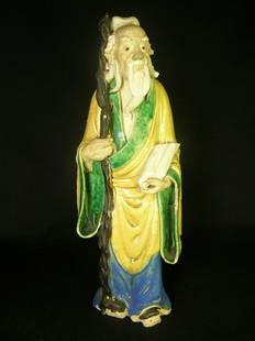 OLD CHINESE MUD MAN ELDER FIGURE: Lot 224: OLD CHINESE MUD MAN ELDER FIGURE - Chips, cracks with slight losses. Measures 10 1/2" high x 4" wide x 3" deep.
