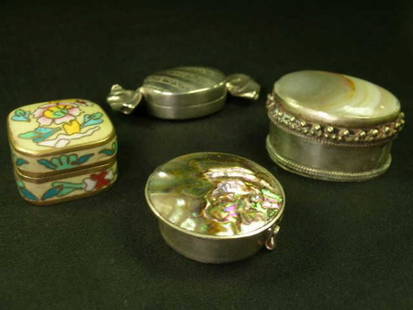 FOUR COLLECTIBLE PILL BOXES SILVER ABALONE CLOISON: Lot 386: FOUR COLLECTIBLE PILL BOXES SILVER ABALONE CLOISONNE - Round with mother of pearl floral inlay with abalone background. Rectangular brass with floral cloisonne on a black background, small