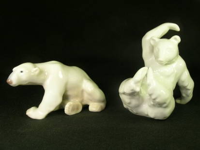 KPM PORCELAIN BEAR AND B & G POLAR BEAR 2 PCS: Lot 441: KPM PORCELAIN BEAR AND B & G POLAR BEAR 2 PCS - B&G measures 2 1/2" high by 4 1/4" wide by 2 1/2" deep. KPM bear is playing, measures 4" high by 4 1/2" wide by 2 1/2" deep. Condition on