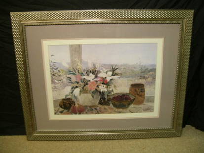 CONTEMPORARY FLORAL WATERCOLOR PAINTING GUNN: Lot 505: CONTEMPORARY FLORAL WATERCOLOR PAINTING GUNN - Measures 29" high x 36 3/4" wide. Silver painted basket weave design on frame. Generally good condition.