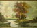 515: OLD OIL ON CANVAS PAINTING POND VILLAGE SIGNED - 2