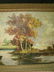 515: OLD OIL ON CANVAS PAINTING POND VILLAGE SIGNED - 5