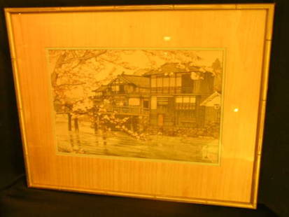 19th CENTURY JAPANESE WOOD BLOCK PRINT SIGNED: Lot 517: 19th CENTURY JAPANESE WOOD BLOCK PRINT SIGNED - Print measures 9 1/4" high x 14 1/4" wide and frame is 16 1/2" high x 21" wide x 3/4" deep. Good condition. Images are yellow, print is not.