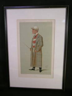 VINTAGE VANITY FAIR SPY 571 JOCKEY PRINT: Lot 519: VINTAGE VANITY FAIR SPY 571 JOCKEY PRINT - Men of the Day #52. Vincent Brooks, Day & Son. Vanity Fair October 24, 1891. Framed measures 20" high x 14" wide and print is 13 1/2" high x 8