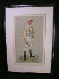 VINTAGE VANITY FAIR SPY 584 JOCKEY PRINT: Lot 520: VINTAGE VANITY FAIR SPY 584 JOCKEY PRINT - Men of the Day #892. Vincent Brooks, Day & Son. Vanity Fair September 10, 1903. Framed measures 20" high x 14" wide and print is 13 1/2" high x 8