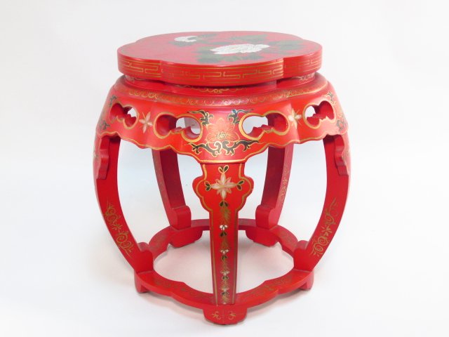 CHINESE HAND PAINTED RED LACQUER STOOL OR PEDESTAL (1 of 6)