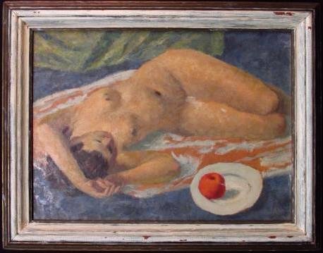 VINTAGE OIL ON PANEL PAINTING AFTER WALTER KLETT: Vintage oil on panel painting after Walter Klett, depicting a reclining nude woman. Unsigned. Framed in a two tone wooden frame. Condition: generally good, see images. Measures a total of 13" tall x 1