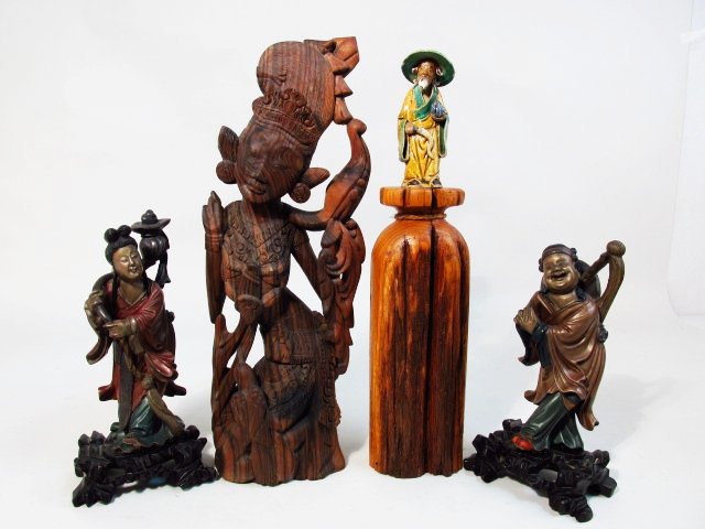 FOUR WOOD CARVINGS: CHINESE POLYCHROME, ETC. (1 of 8)