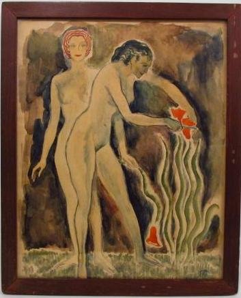 SMALL MID CENTURY WATERCOLOR PAINTING ON PAPER: TWO (1 of 5)