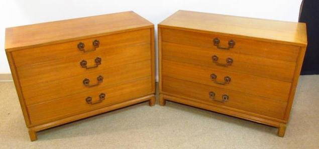 PAIR VINTAGE LANDSTROM MID CENTURY MING STYLE CHESTS: Pair of vintage mid century Ming style chests by Landstrom Furniture Co. Each one has four drawers and measures a total of 44" wide x 32" tall and 19.5" deep. Condition: minor signs of age and wear to