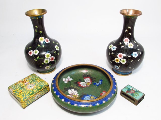 CHINESE CLOISONNE LOT: VASES, BOWL, BOXES (1 of 9)