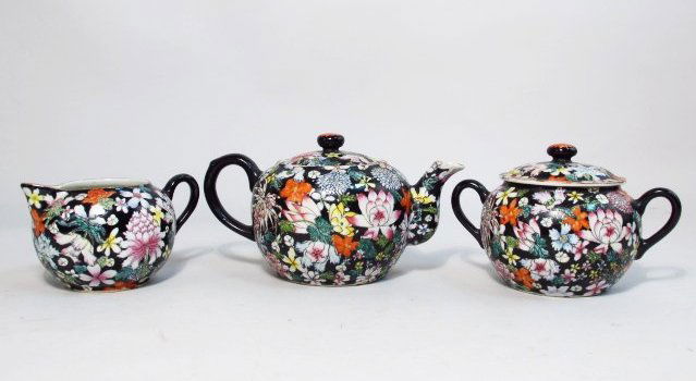 CHINESE EXPORT, FAMILLE NOIR: 3 PIECE TEA SET (1 of 8)