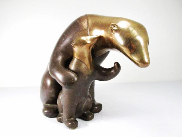 LOET VANDERVEEN 11.25" BRONZE SCULPTURE: TWO BEARS: Loet Vanderveen (Dutch/American, 20th Century) 11.25" tall bronze sculpture of a Mother Polar Bear and Cub. Signed and numbered on base "Loet 5/750". Condition: very minor wear and pitting to bronze f