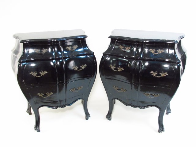PAIR PETITE VINTAGE ITALIAN BLACK BOMBE COMMODES: Pair of petite vintage Italian black painted bombe commodes, each measuring 30.75" tall x 28" wide and 16" deep. Condition: original hardware, painted finish has some scuffs and knicks, see images. We