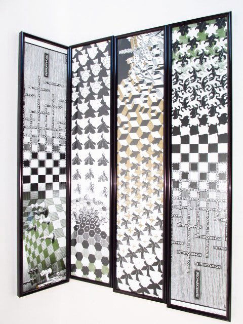 FOUR LONG M.C. ESCHER FRAMED PRINTS: METAMORPHOSE, ETC.: Lot of four long and short framed prints by M.C. Escher. Each under glass in a black metal frame. Each frame measures approx. 41" wide x 9" tall (sizes vary slightly). Condition: minor wear to finish