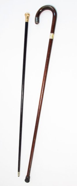 ANTIQUE R F S & Co GOLD FILLED TOP WALKING STICK & MORE: Antique R.F.S. & Co. gold filled handle, ebonized 35.5" tall walking stick or wood cane. The rolled gold top is inscribed, "From, Edna to Joe, August 1886". Also in this lot is a 36" long curved handl
