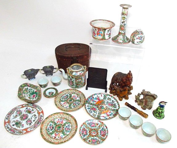ESTATE LOT- CHINESE DECORATIVES: ROSE MEDALLION, ETC.: Estate lot of assorted Chinese decoratives. Variety of dates and pieces. Includes mostly Rose Medallion porcelain but also carved soapstone figures, hardstone mounted pewter, bronze, a basket, etc. Co
