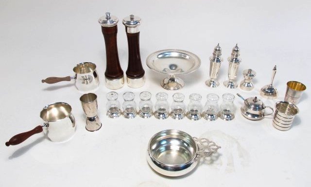 COLLECTION STERLING SILVER TABLEWARES, ETC.: Collection of sterling silver tablewares, etc. Includes a wide variety of items- some sterling mounted items: salt & pepper shakers and grinders, etc. Condition: good, may be some signs of normal use,