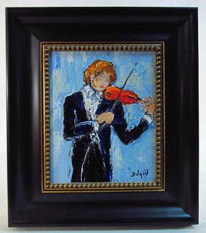 DUAIV OIL ON CANVAS PAINTING: "VIOLIN": Contemporary abstract oil on canvas painting by Duaiv. Titled "Violin". Signed lower right. Condition: good, may be normal signs of use to frame, see images. Measures 17" x 15". Weight: 4.3 lbs.UPDATE