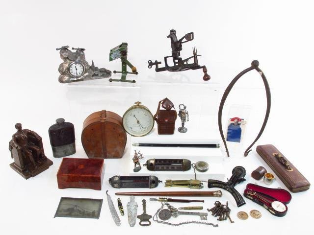 LARGE MAN'S ESTATE LOT: CLOCKS, TOOLS, SCULPTURE, ETC.: Large lot of assorted man's estate type items. Includes a bronze sculpture of Abraham Lincoln, an apple peeler, a "Sir de la 112 degree Base Aerienne" cast metal clock, and much much more! Condition: 