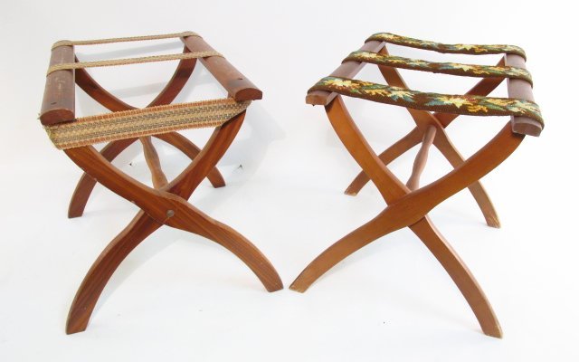TWO VINTAGE SCHEIBE WOODEN LUGGAGE RACKS: Two vintage Scheibe wooden luggage racks, both measuring 22.5" long. Condition: minor scrapes to finish, see images. Weight: approx. 10 lbs.