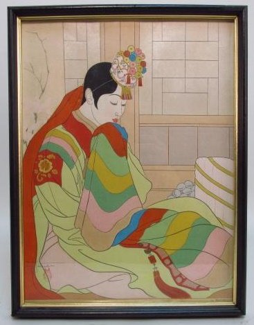 PAUL JACOULET WOODBLOCK PRINT: "LA MARIEE SEOUL, COREE": Paul Jacoulet wood block print titled "La Mariee Seoul, Coree". Signed lower left "Paul Jacoulet" and marked with seal stamp. Titled lower right. Framed in a black toned frame. Condition: glass had a 