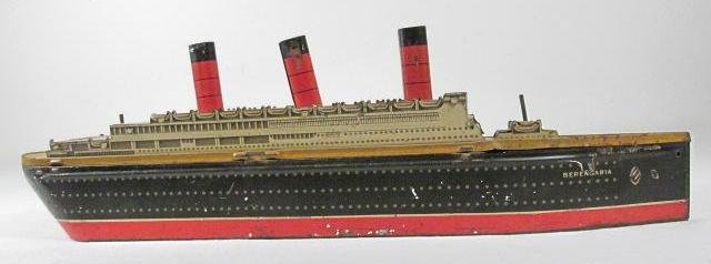 WILLIAM CRAWFORD "BERENGARIA" OCEAN LINER BISCUIT TIN: William Crawford & Sons "Cunarder" ocean liner biscuit or cookie tin - "Berengaria". Lithograph printed tin construction. Embossed on base with "William Crawford & Sons" logo, etc. Printed on either s