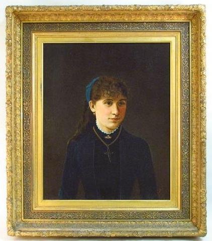 H. FISHER OIL PAINTING: WOMAN WITH BLUE SCARF: Oil on canvas painting signed and dated H. Fisher 1885. (Thought to be Hugo Anton Fisher, American 1854-1916). Measures 27" x 22" plus frame. Condition: Good.