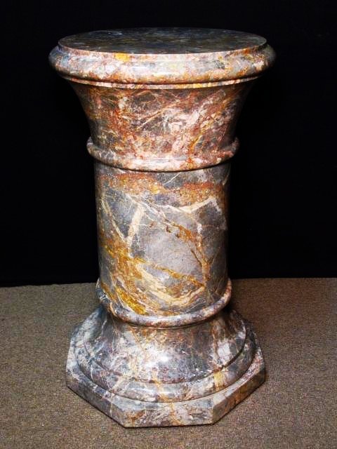 VERY HEAVY CARVED MARBLE PEDESTAL STAND: Extremely heavy carved marble pedestal stand measuring a total of 30.5" tall x 17" in diameter. Separates into three sections. Condition: a few small flakes/chips to rim of middle section where it mee