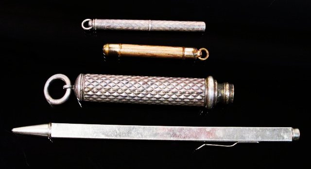 FOUR VINTAGE TELESCOPING PENCILS: STERLING, MORDAN,: Lot of four vintage telescoping mechanical pencils. Includes a silver plated pencil that extends into a 12-inch ruler, two small keychain pencils (one sterling), and one large sterling carpenter's pen