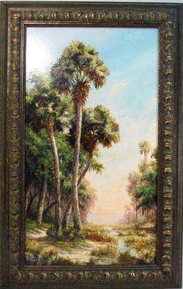 ART FRONCKOWIAK ROMANTIC PALMS PAINTING: Large oil Painting by Art Fronckowiak Painting of Florida Palms. 27" wide x 43" tall, this painting is in like new condition. Shipping weight is approx. 10 lbs. -Voted Best Florida Artist in 1995 and 
