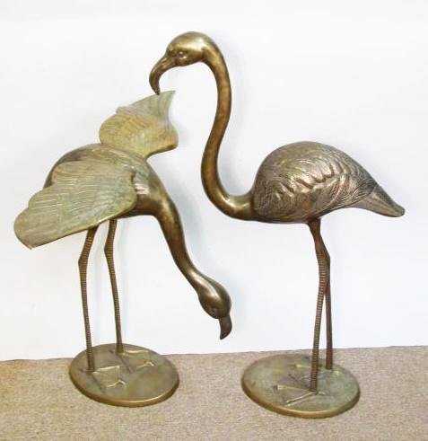 PAIR BRASS WADING AVIARY BIRD STATUES: Pair Brass Wading Aviary Birds Statues. Condition: Good, See Pictures. Measures as follows: Height: 31" , Width: 25", Length: 19". Weight Approx: 24lbs.