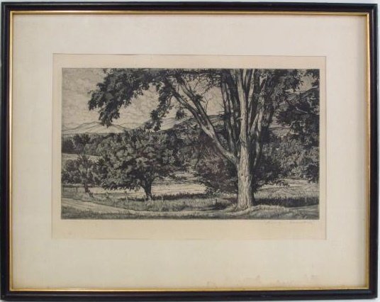 LUIGI LUCIONI, SIGNED ORIGINAL ETCHING: BEYOND THE ELM: Luigi Lucioni Signed Original AAA Etching "BEYOND THE ELM", [Vermont Pastoral]. framed, very good condition with light toning. 9.25 x 13.5'' overall - 14.5" x 18.75", pencil signed LR. Original AAA la