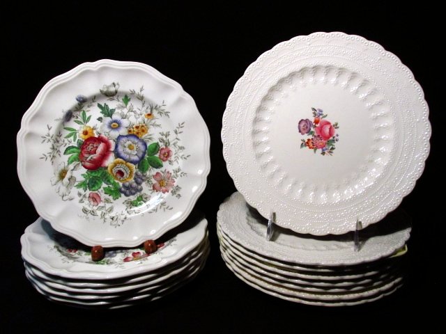 ASSORTED PORCELAIN PLATES: ROYAL DOULTON & SPODE: Lot of assorted porcelain plates. Includes (7) "Malvern" plates by Royal Doulton, and (8) "Claudia" plates by Spode. Condition: generally good, no signs of damage, see images. Weight: 13.5 lbs.