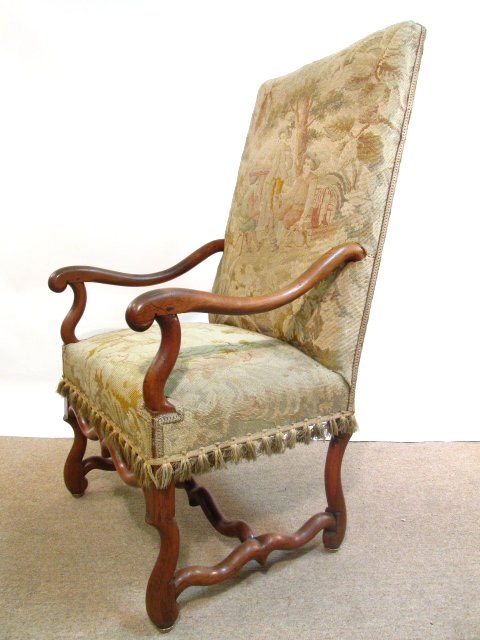 CARVED WALNUT NEEDLEPOINT UPHOLSTERED ARMCHAIR: Late 19th century carved walnut needlepoint upholstered armchair. Measures a total of 46" tall x 25" wide. Condition: very minor signs of wear/age, see images. Weight: approx. 50 lbs.